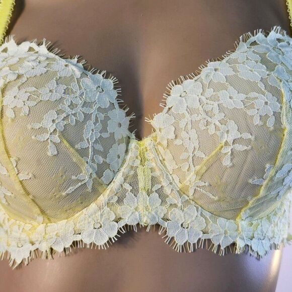 Victoria's Secret Dream Angels Push Up Bra Women's Size 32DD Yellow Floral Lace - Picture 3 of 10